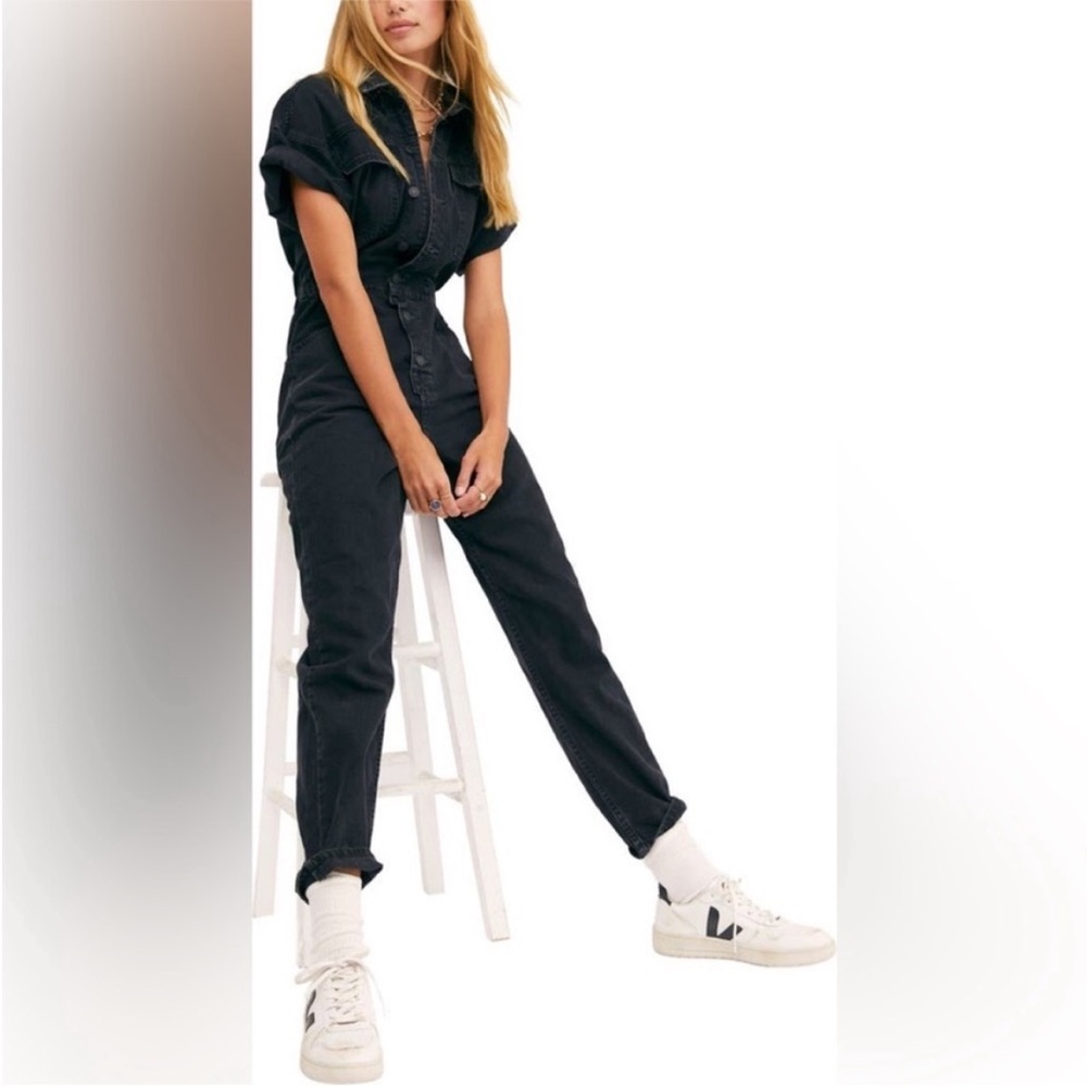 Free People Black Marci Denim Jumpsuit